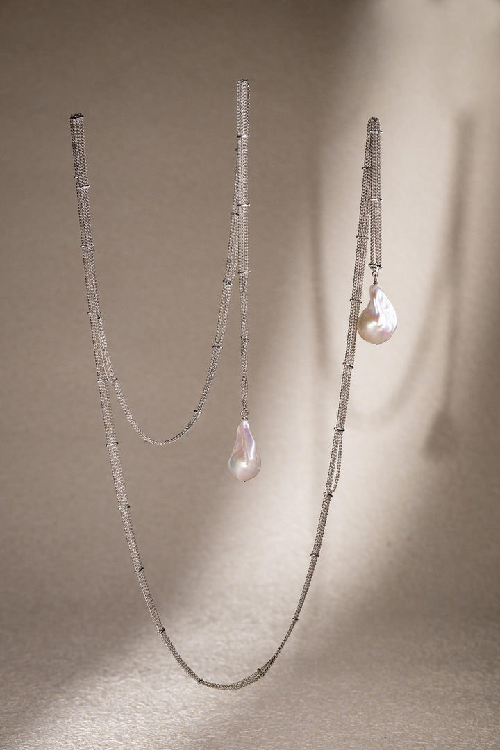 Baroque Pearl Necklace: 14k White Gold Long Chain Jewelry, Everyday Wear Gift for Her