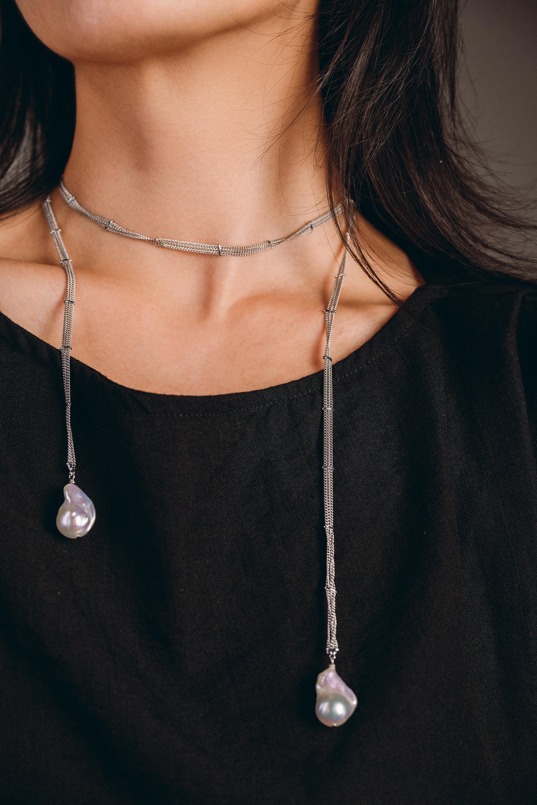 Baroque Pearl Necklace: 14k White Gold Long Chain Jewelry, Everyday Wear Gift for Her