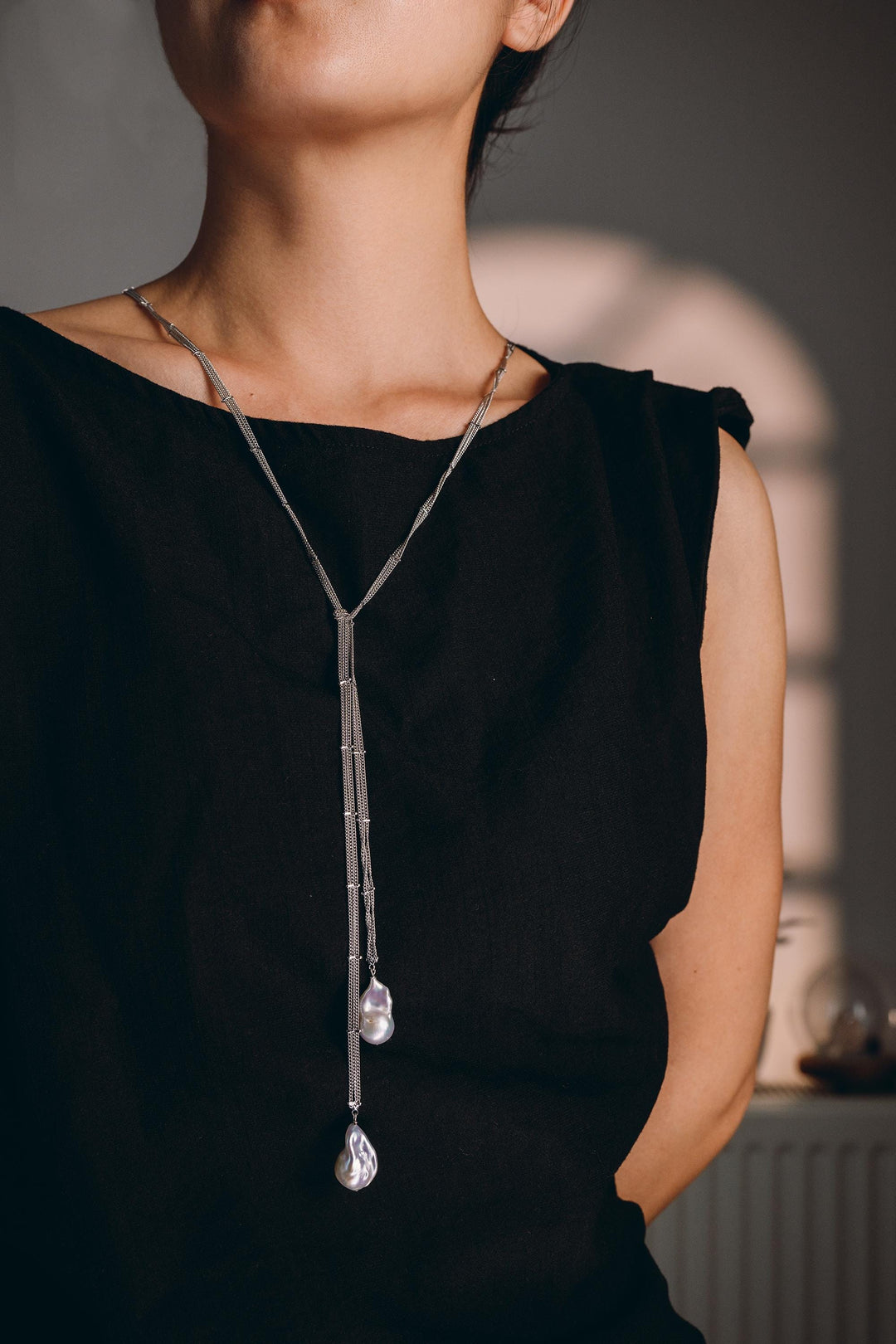 Baroque Pearl Necklace: 14k White Gold Long Chain Jewelry, Everyday Wear Gift for Her