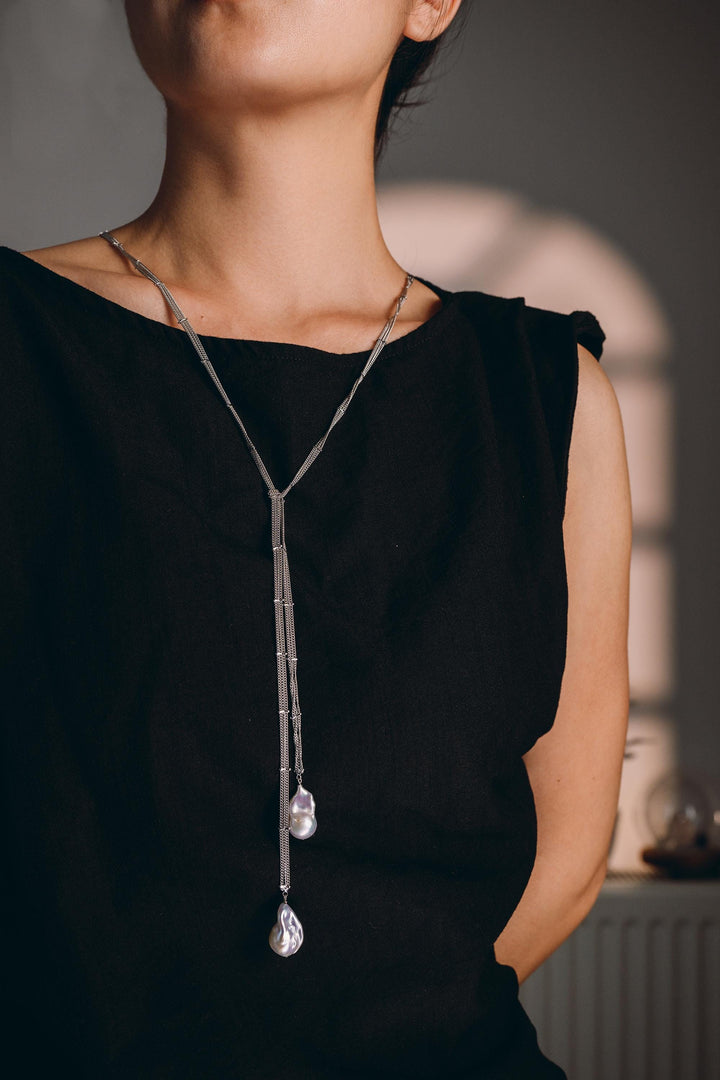 Baroque Pearl Necklace: 14k White Gold Long Chain Jewelry, Everyday Wear Gift for Her