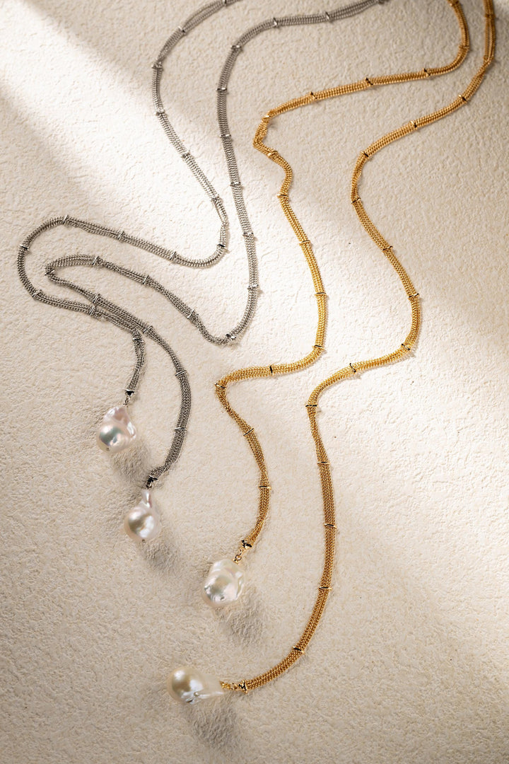 Baroque Pearl Necklace: 14k White Gold Long Chain Jewelry, Everyday Wear Gift for Her