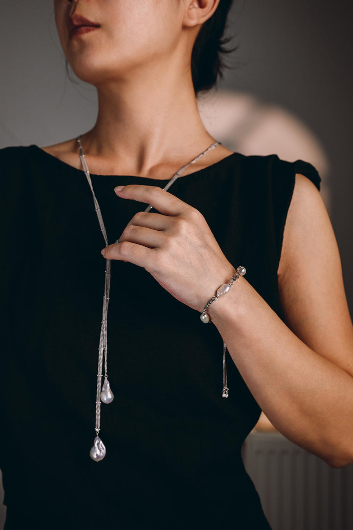 Baroque Pearl Necklace: 14k White Gold Long Chain Jewelry, Everyday Wear Gift for Her