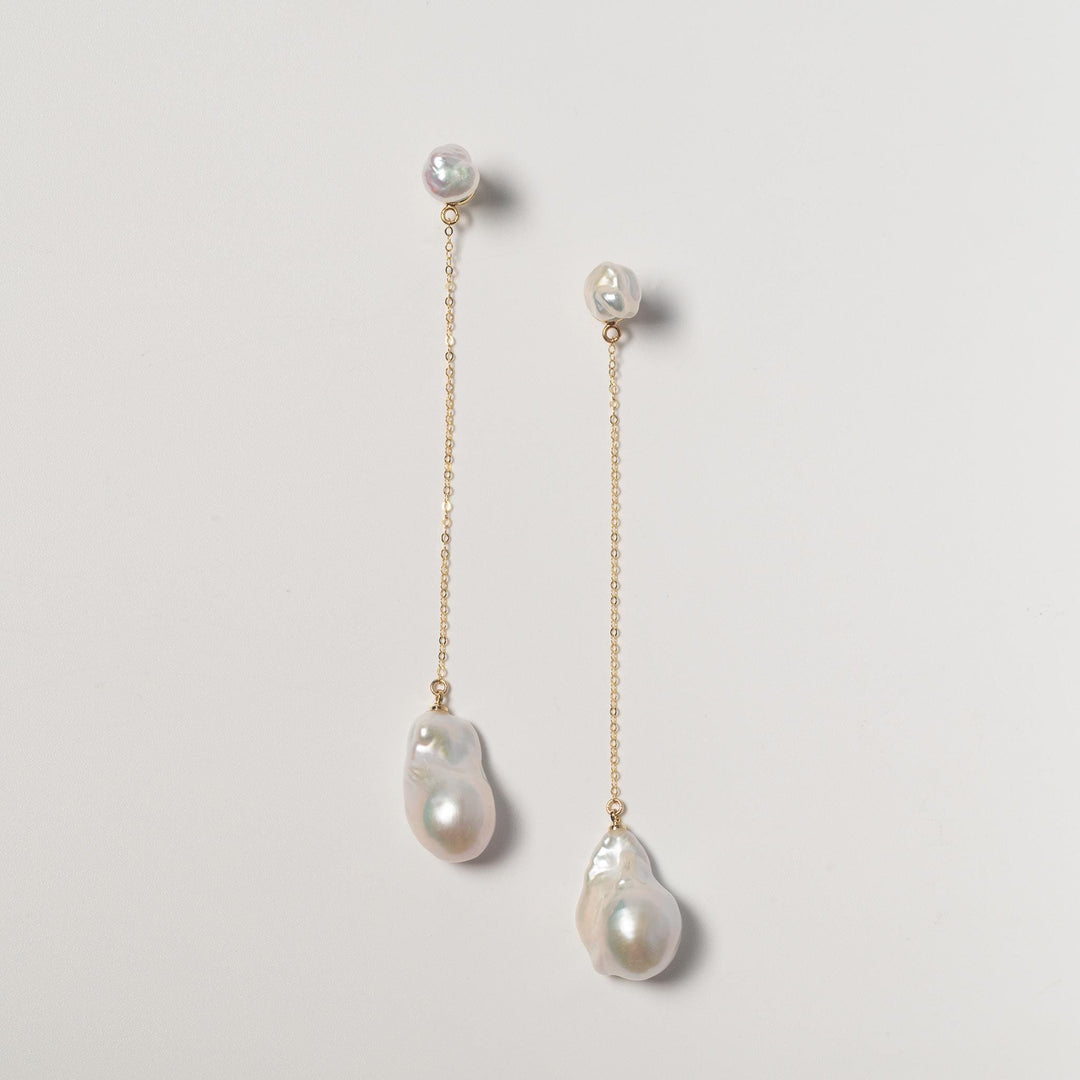 Baroque Pearl Drop Earrings: Long Drop Gold Chain Keshi Pearls Jewelry, Gift for Her
