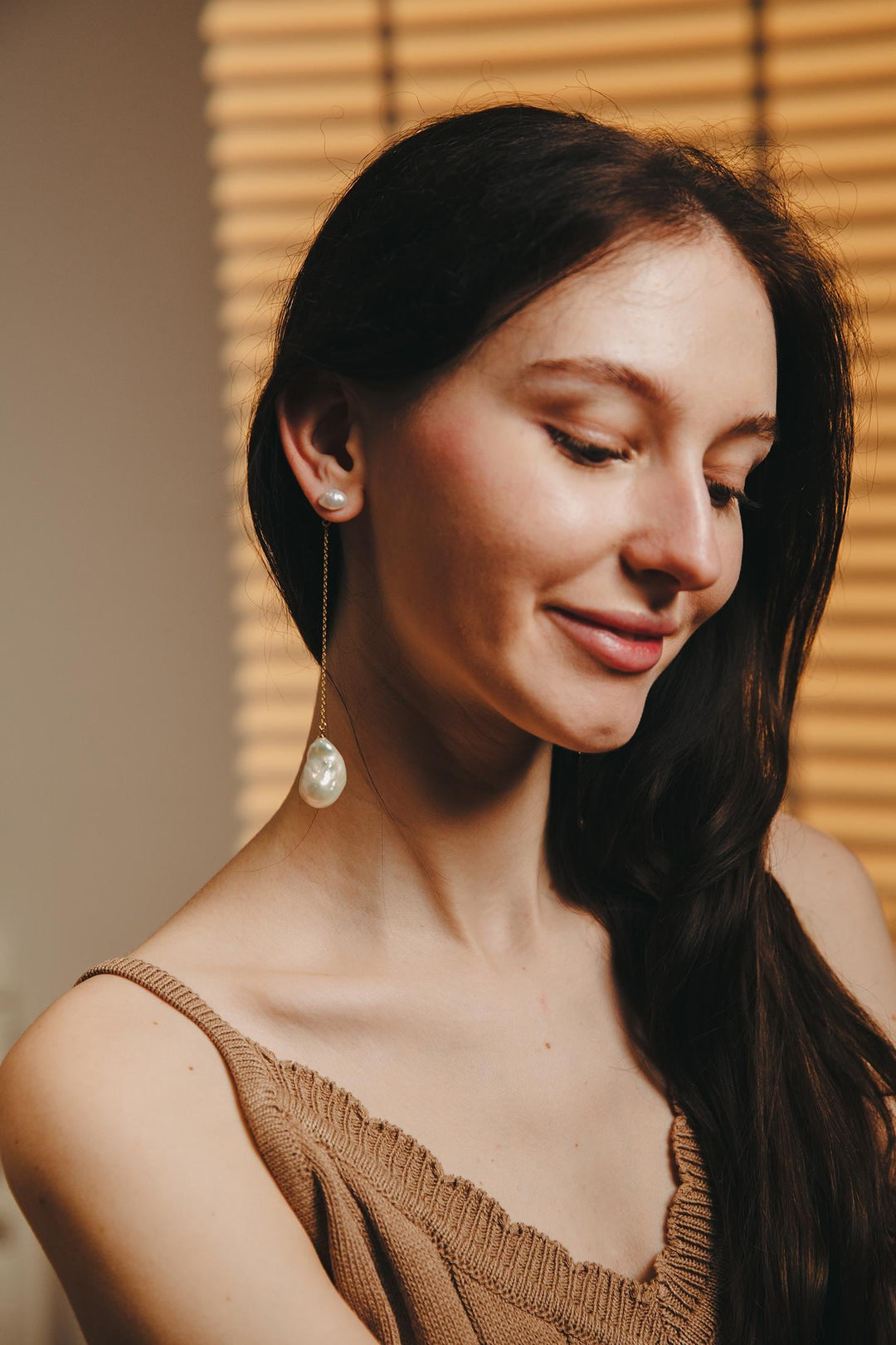 Baroque Pearl Drop Earrings: Long Drop Gold Chain Keshi Pearls Jewelry, Gift for Her