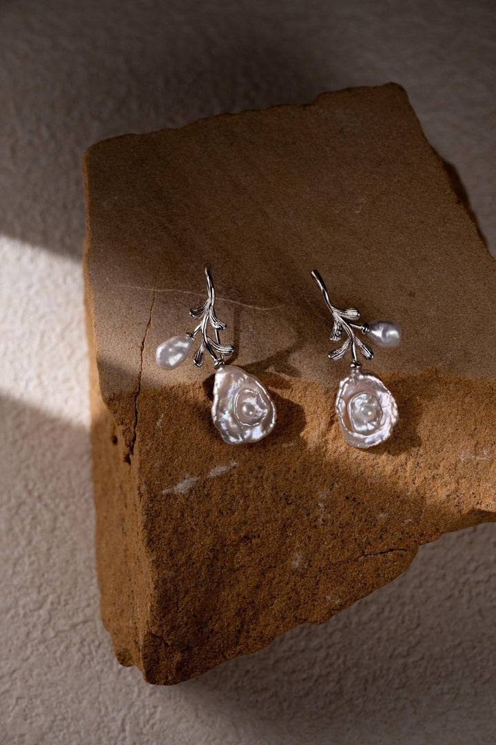 Handcrafted Pearl Rose Earrings: Silver Floral Drop Earrings with Natural Baroque Pearls – Elegant Gift for Her