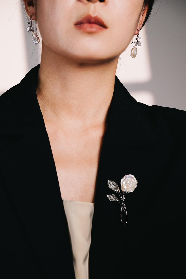 Handcrafted Pearl Rose Earrings: Silver Floral Drop Earrings with Natural Baroque Pearls – Elegant Gift for Her