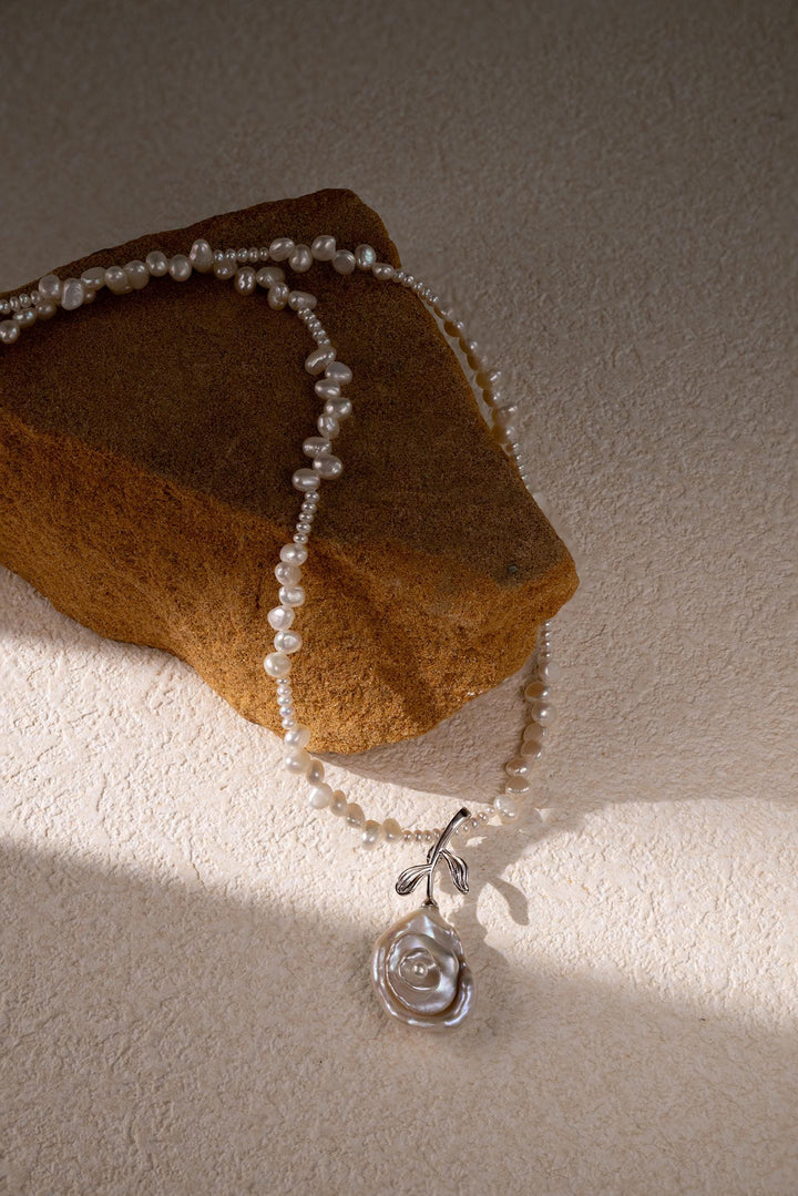 Handcrafted Pearl Rose Necklace: Freshwater Pearl Beaded Chain with Silver Floral Pendant – Elegant Gift for Her
