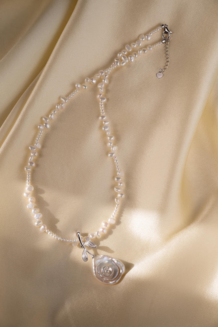 Handcrafted Pearl Rose Necklace: Freshwater Pearl Beaded Chain with Silver Floral Pendant – Elegant Gift for Her