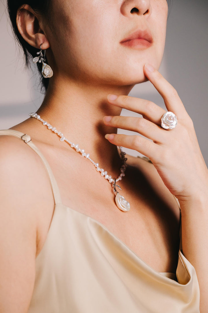 Handcrafted Pearl Rose Necklace: Freshwater Pearl Beaded Chain with Silver Floral Pendant – Elegant Gift for Her