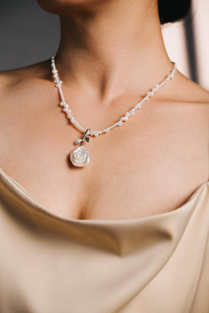 Handcrafted Pearl Rose Necklace: Freshwater Pearl Beaded Chain with Silver Floral Pendant – Elegant Gift for Her
