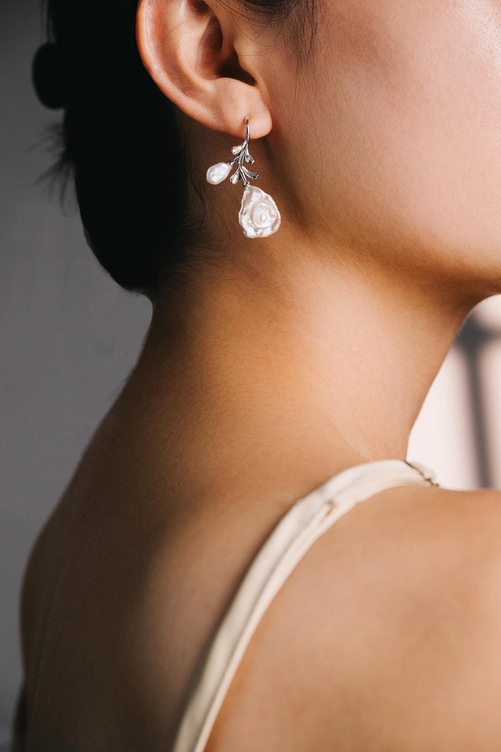 Handcrafted Pearl Rose Earrings: Silver Floral Drop Earrings with Natural Baroque Pearls – Elegant Gift for Her