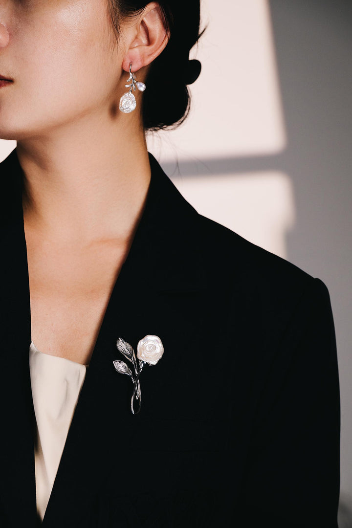 Handcrafted Pearl Rose Earrings: Silver Floral Drop Earrings with Natural Baroque Pearls – Elegant Gift for Her