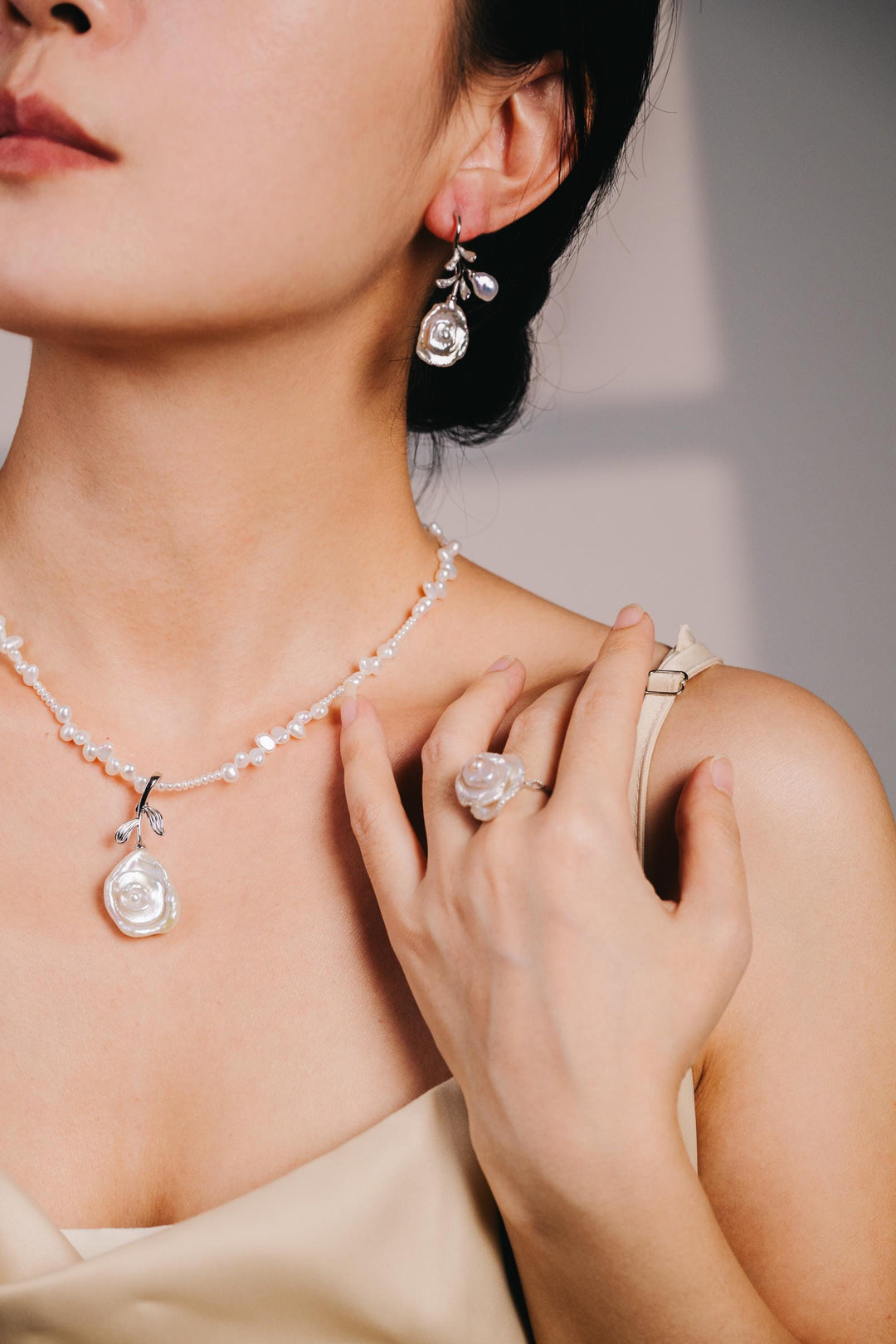 Handcrafted Pearl Rose Earrings: Silver Floral Drop Earrings with Natural Baroque Pearls – Elegant Gift for Her