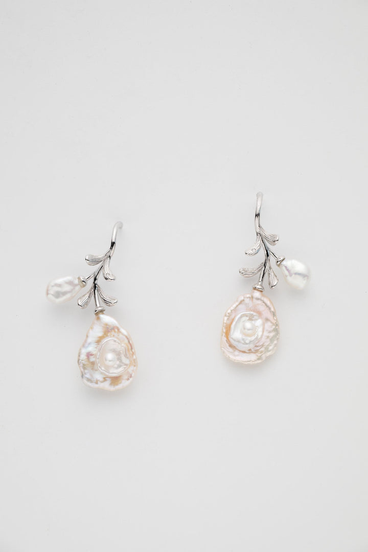 Handcrafted Pearl Rose Earrings: Silver Floral Drop Earrings with Natural Baroque Pearls – Elegant Gift for Her
