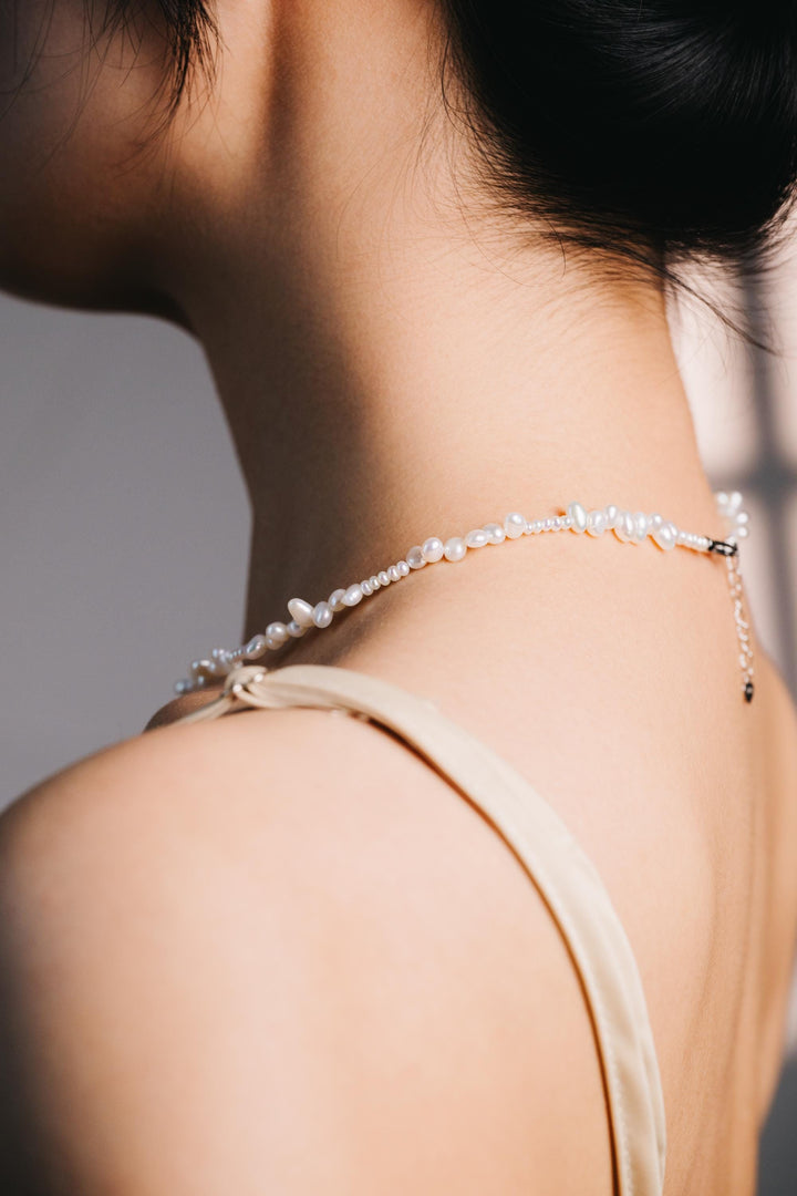 Handcrafted Pearl Rose Necklace: Freshwater Pearl Beaded Chain with Silver Floral Pendant – Elegant Gift for Her