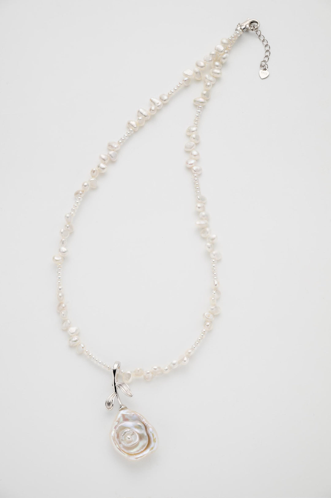 Handcrafted Pearl Rose Necklace: Freshwater Pearl Beaded Chain with Silver Floral Pendant – Elegant Gift for Her