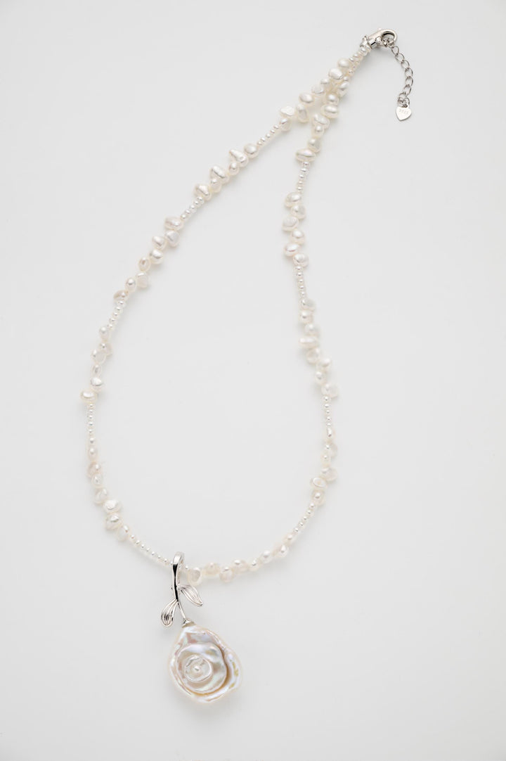 Handcrafted Pearl Rose Necklace: Freshwater Pearl Beaded Chain with Silver Floral Pendant – Elegant Gift for Her