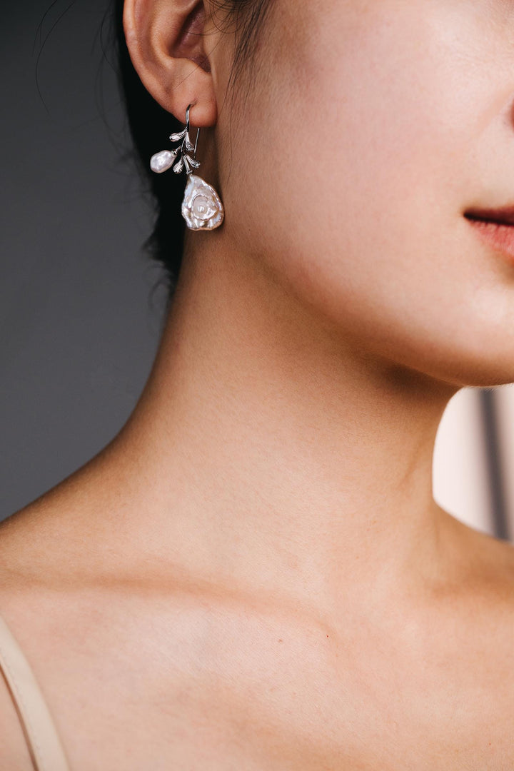 Handcrafted Pearl Rose Earrings: Silver Floral Drop Earrings with Natural Baroque Pearls – Elegant Gift for Her