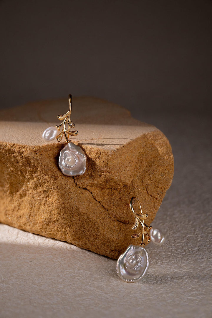 18K Gold Filled Baroque Pearl Drop Earrings: Gold Leaf Dangle Earrings for Women, Elegant Bridal Jewelry