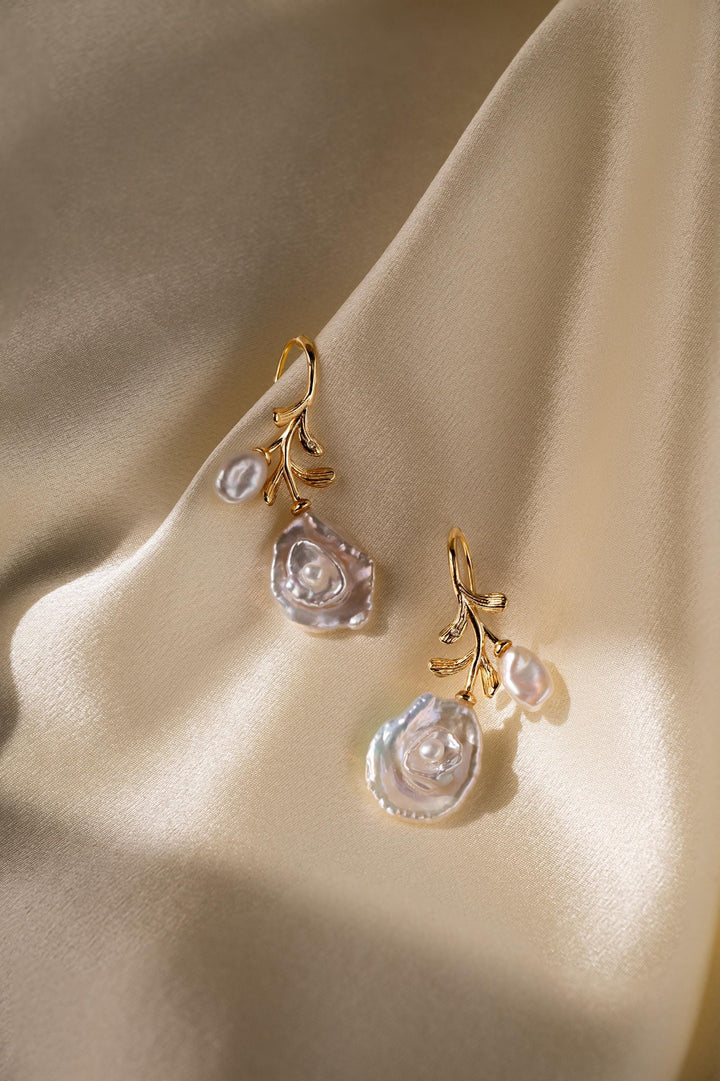 18K Gold Filled Baroque Pearl Drop Earrings: Gold Leaf Dangle Earrings for Women, Elegant Bridal Jewelry