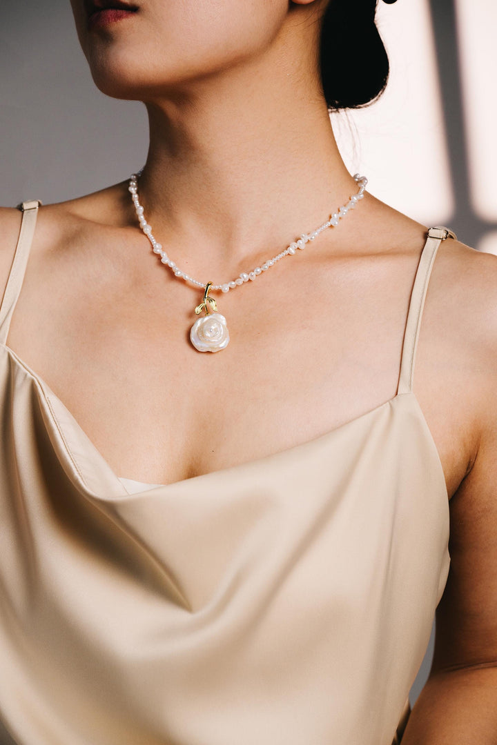 Baroque Rose Pearl Pendant Necklace: 18K Gold-Filled Freshwater Pearl Jewelry, Dainty Beaded Choker