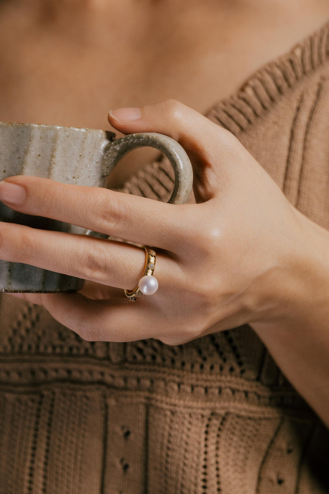Brushed Metal Pearl Ring, Gold filled, Vintage Statement Ring