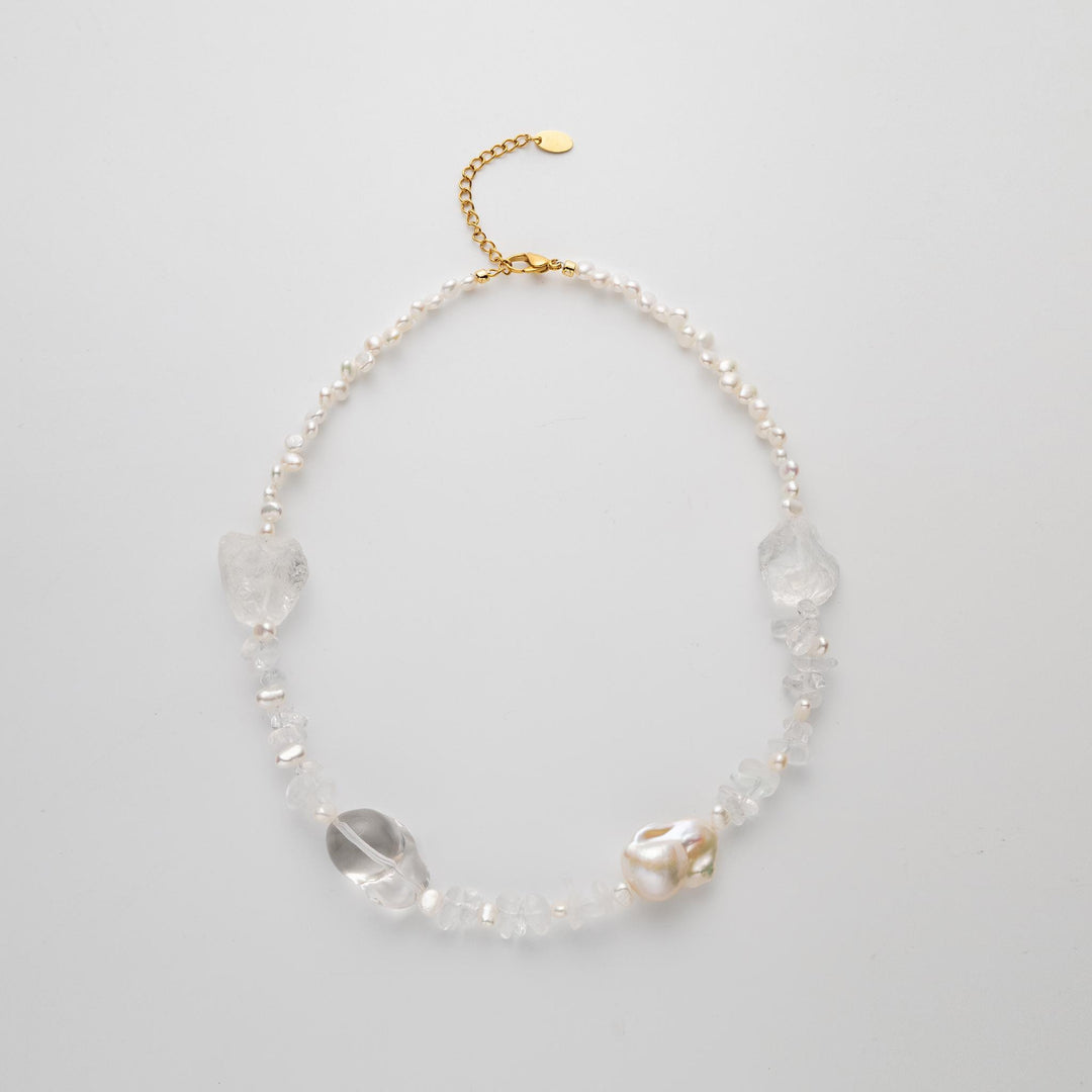 Beaded statement necklace: clear crystals and baroque pearls - 17.7 inch