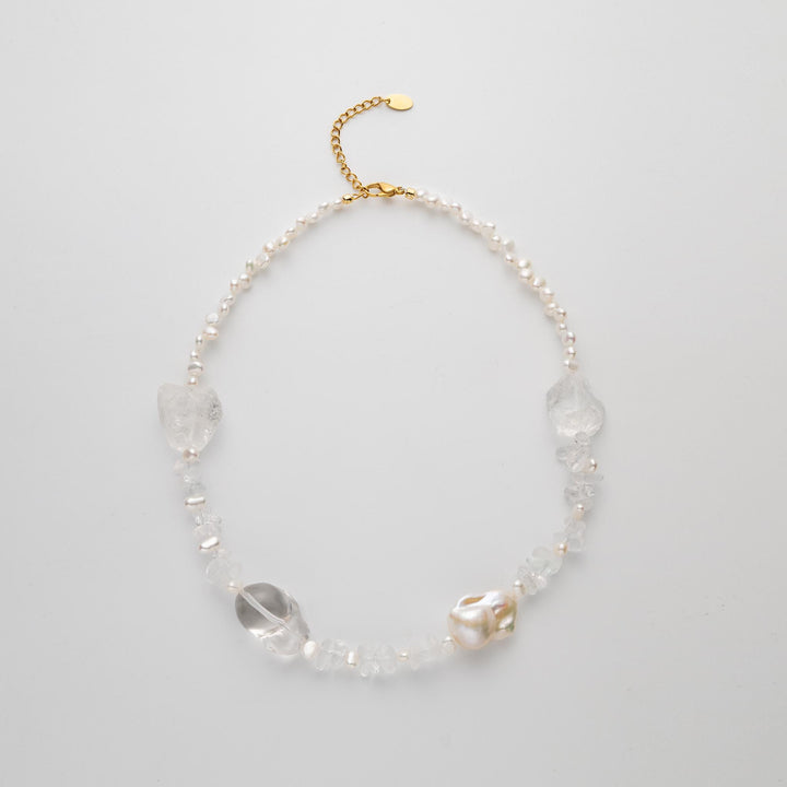 Beaded statement necklace: clear crystals and baroque pearls - 17.7 inch