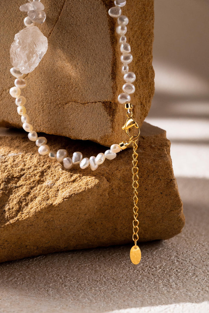 Beaded statement necklace: clear crystals and baroque pearls - 17.7 inch