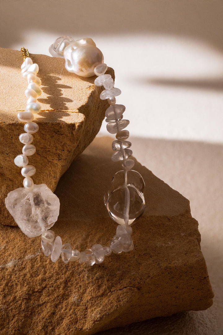 Beaded statement necklace: clear crystals and baroque pearls - 17.7 inch