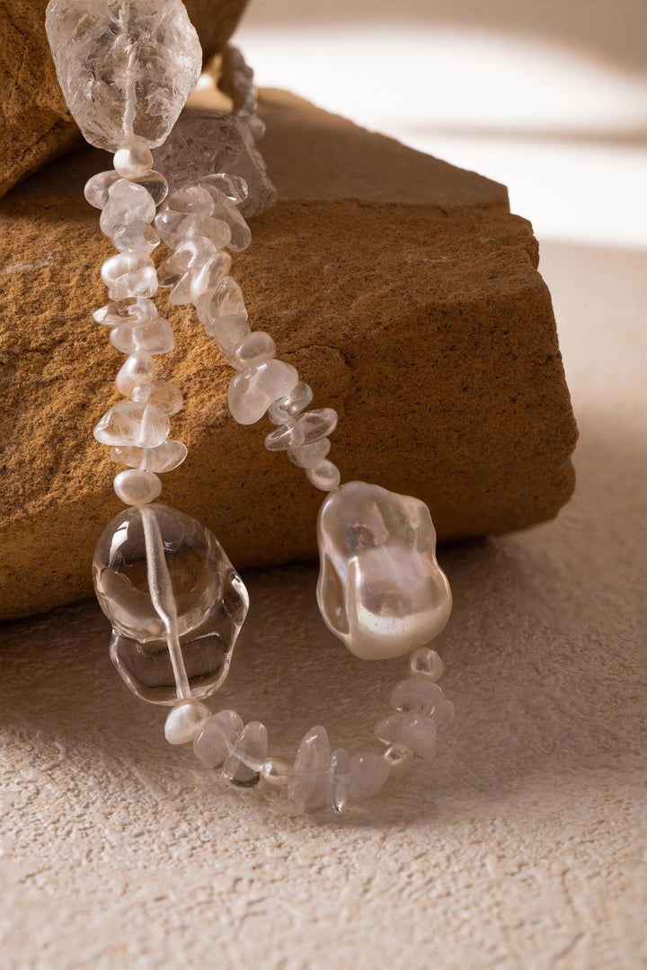 Beaded statement necklace: clear crystals and baroque pearls - 17.7 inch