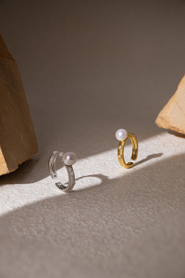 Brushed Metal Pearl Ring, Gold filled, Vintage Statement Ring