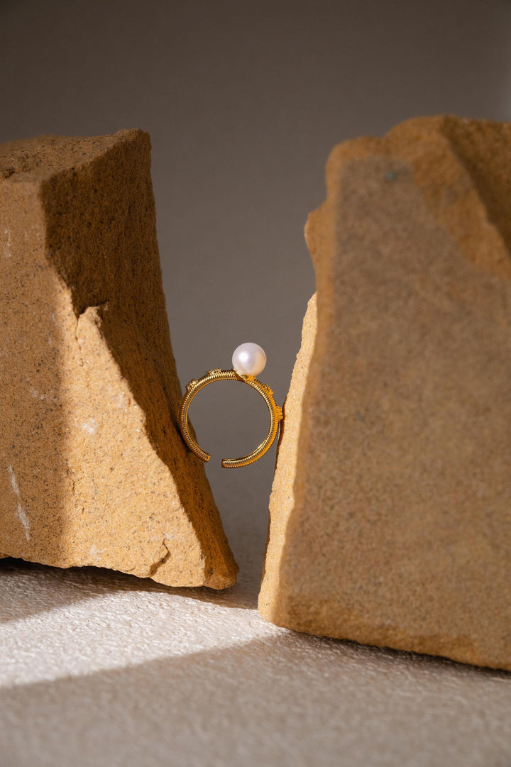 Brushed Metal Pearl Ring, Gold filled, Vintage Statement Ring