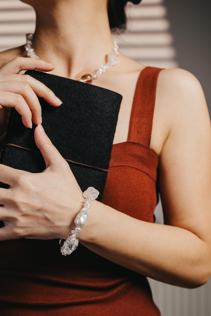 Beaded statement bracelet: clear crystals and baroque pearls - 6.5 - 8inch