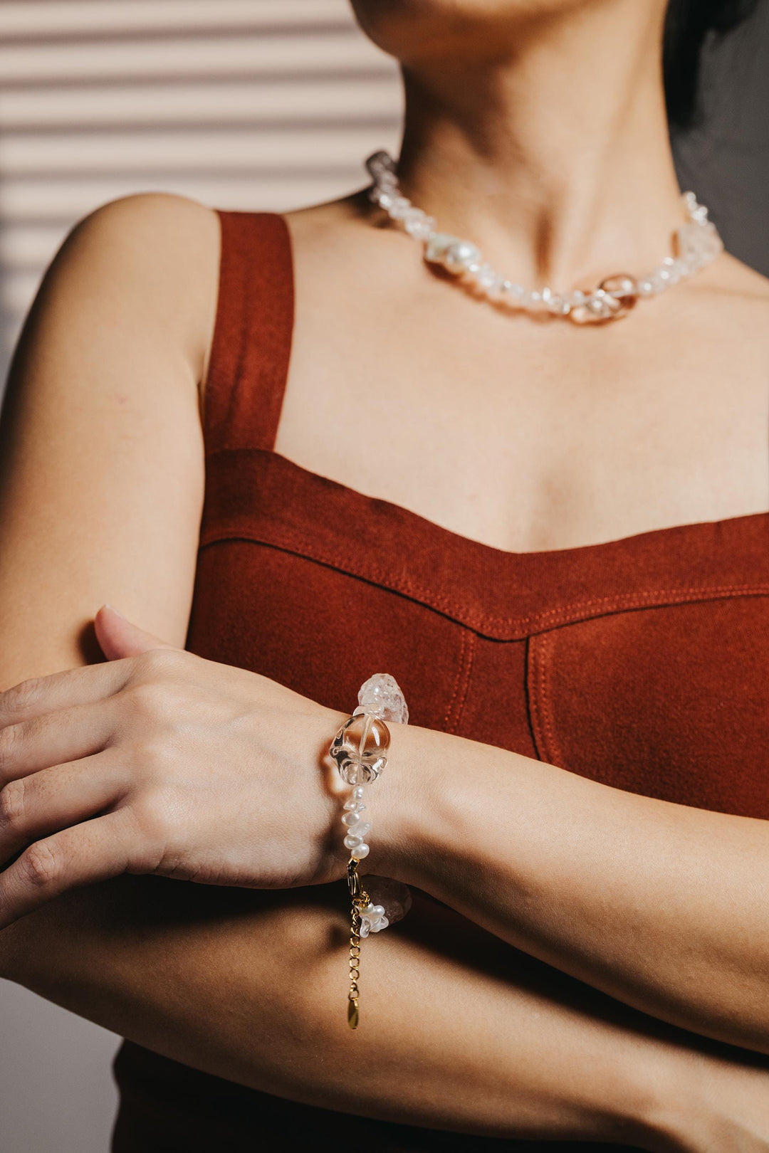 Beaded statement bracelet: clear crystals and baroque pearls - 6.5 - 8inch