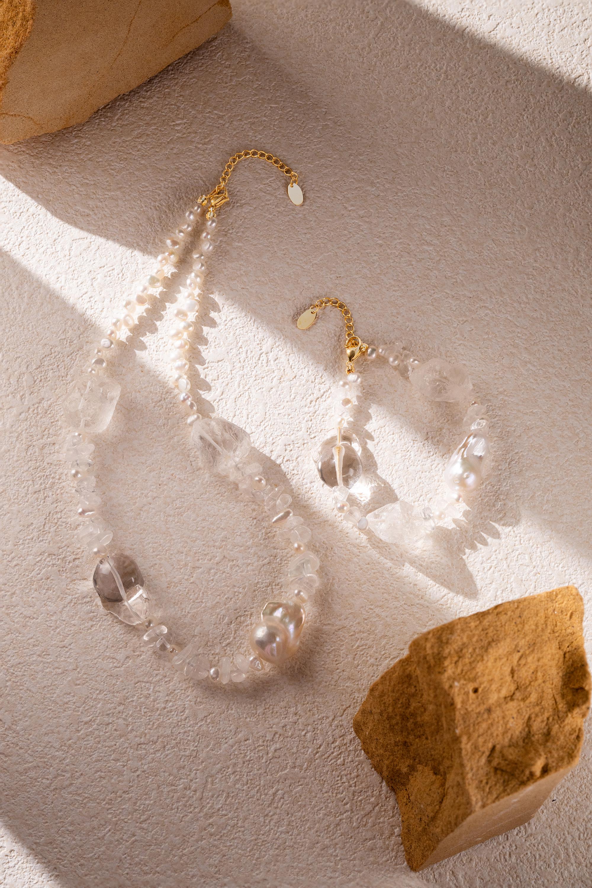 Beaded statement bracelet: clear crystals and baroque pearls - 6.5 - 8inch