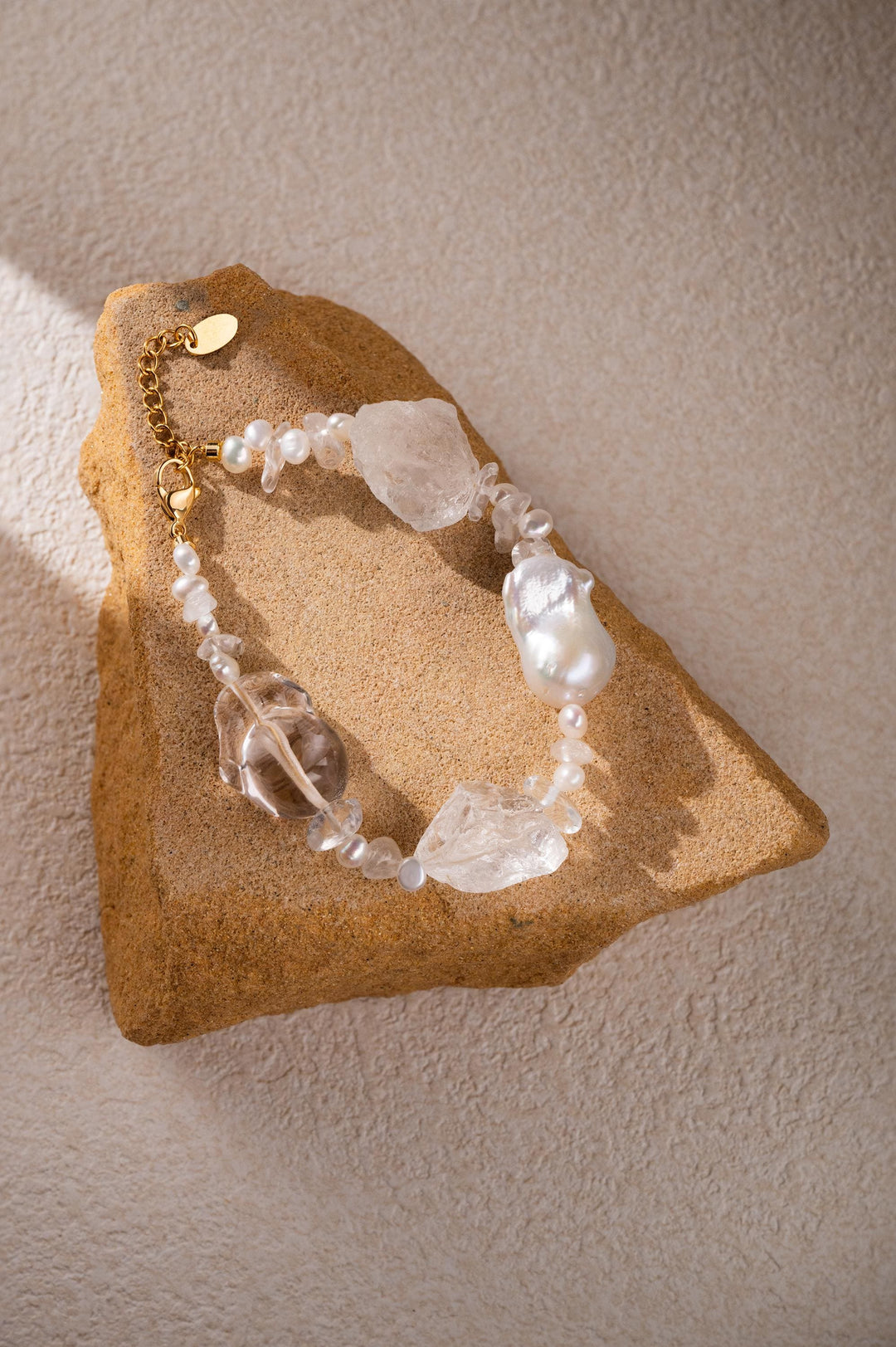 Beaded statement bracelet: clear crystals and baroque pearls - 6.5 - 8inch