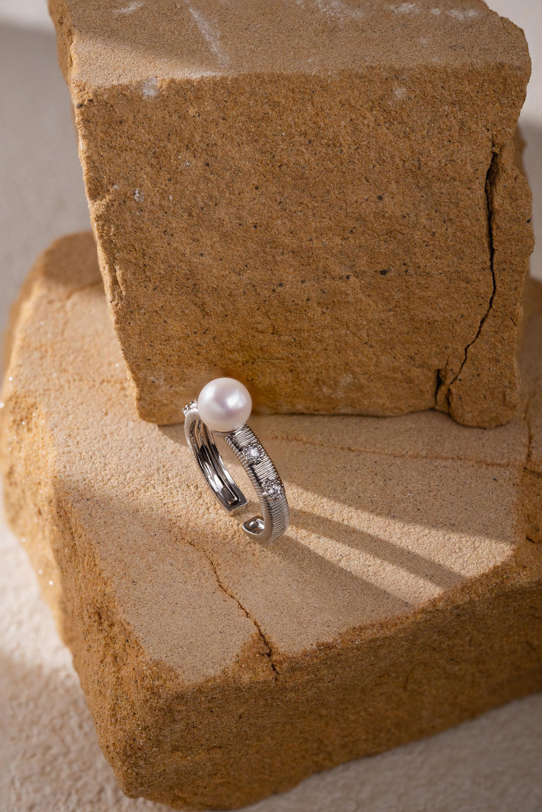 Brushed Metal Pearl Ring, White Gold filled, Vintage Statement Ring