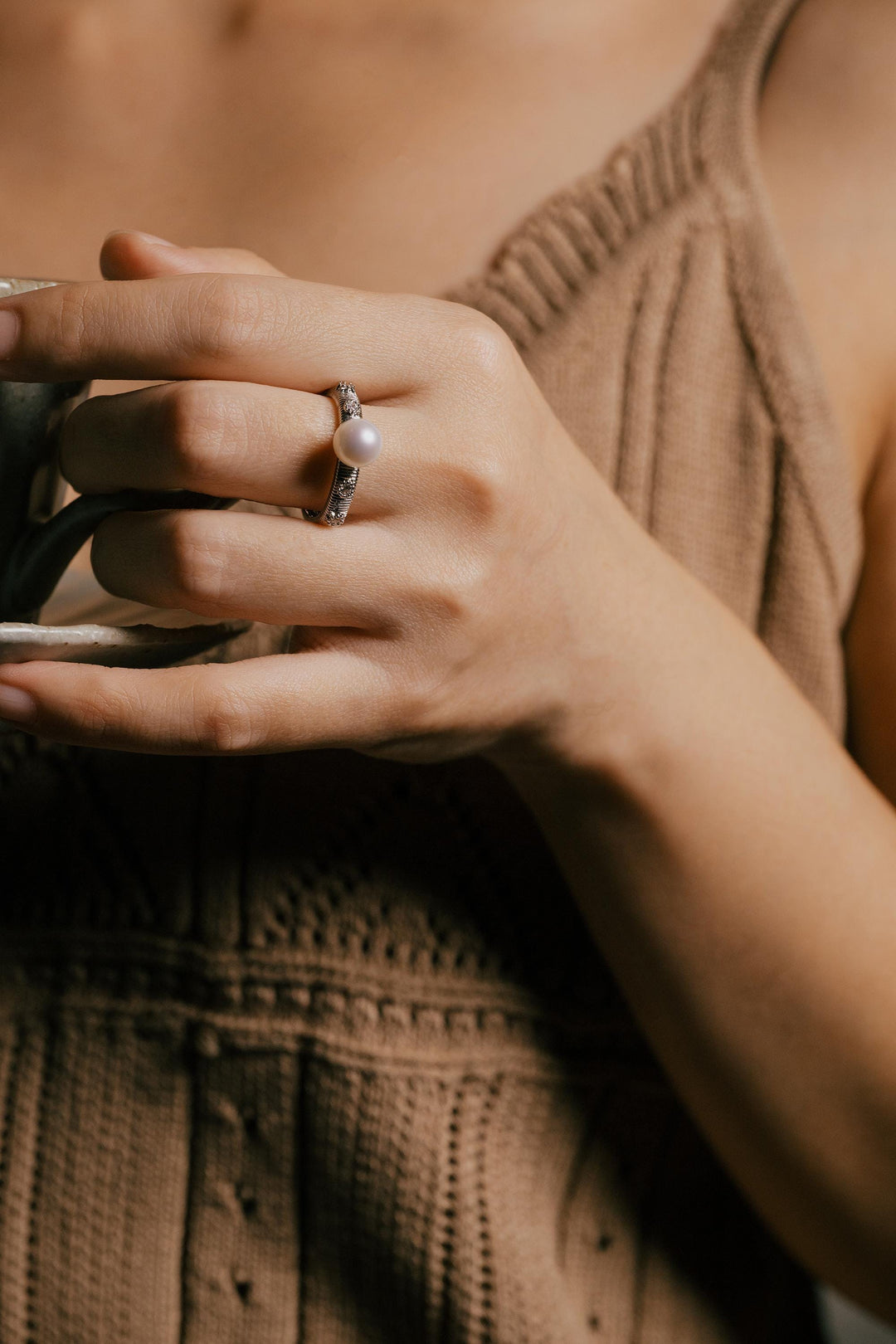 Brushed Metal Pearl Ring, White Gold filled, Vintage Statement Ring