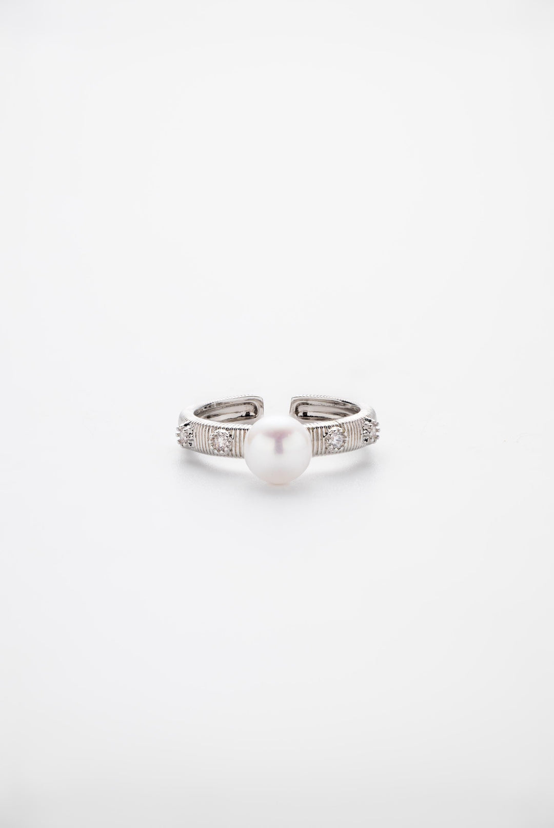 Brushed Metal Pearl Ring, White Gold filled, Vintage Statement Ring