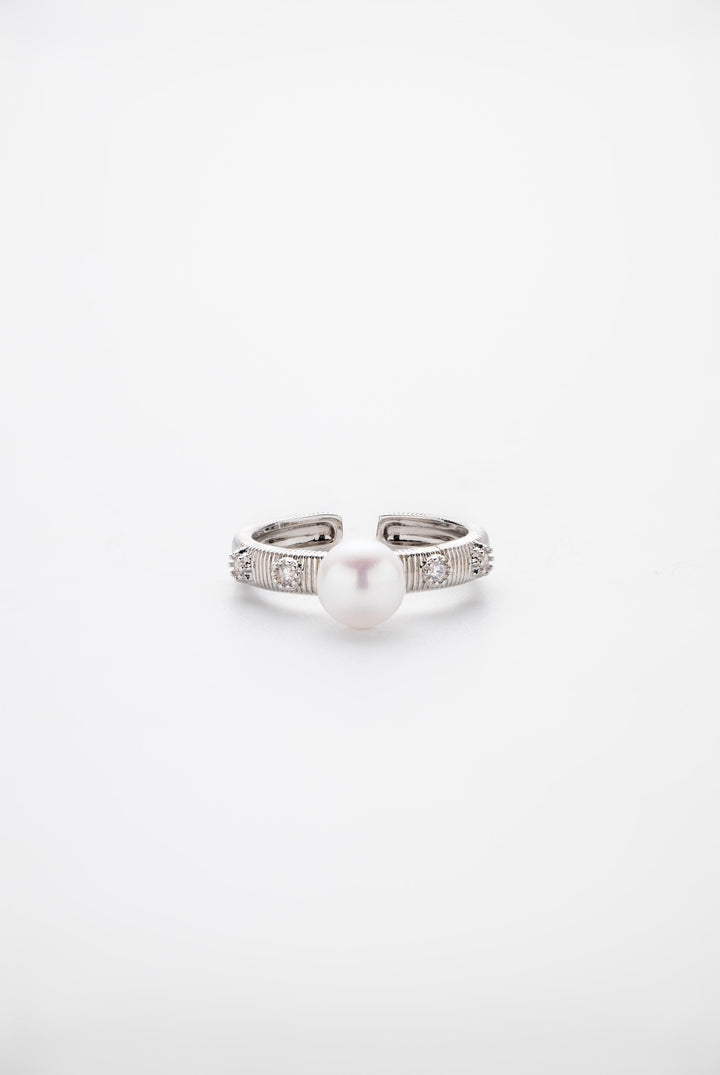 Brushed Metal Pearl Ring, White Gold filled, Vintage Statement Ring