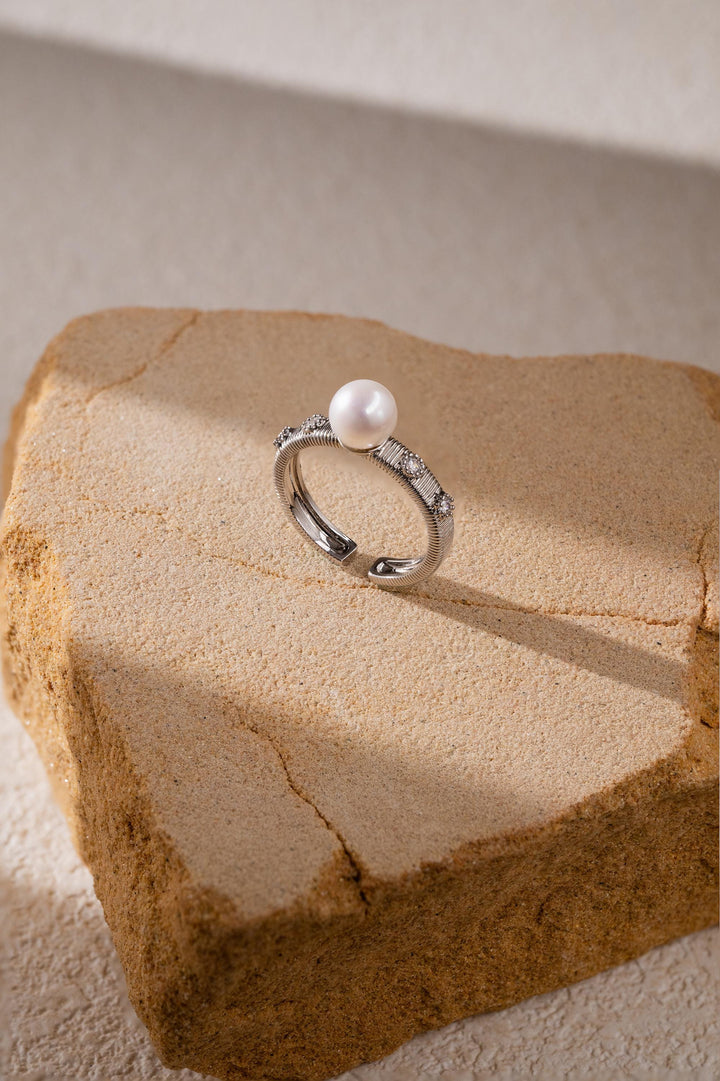 Brushed Metal Pearl Ring, Gold filled, Vintage Statement Ring