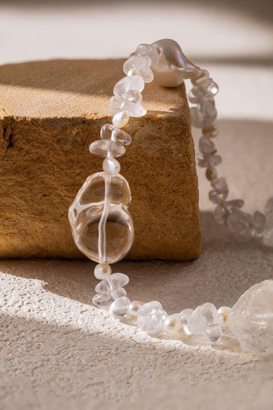 Beaded statement necklace: clear crystals and baroque pearls - 17.7 inch