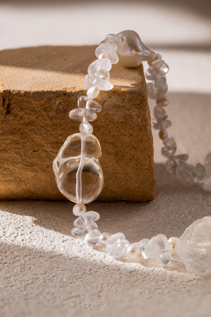Beaded statement necklace: clear crystals and baroque pearls - 17.7 inch
