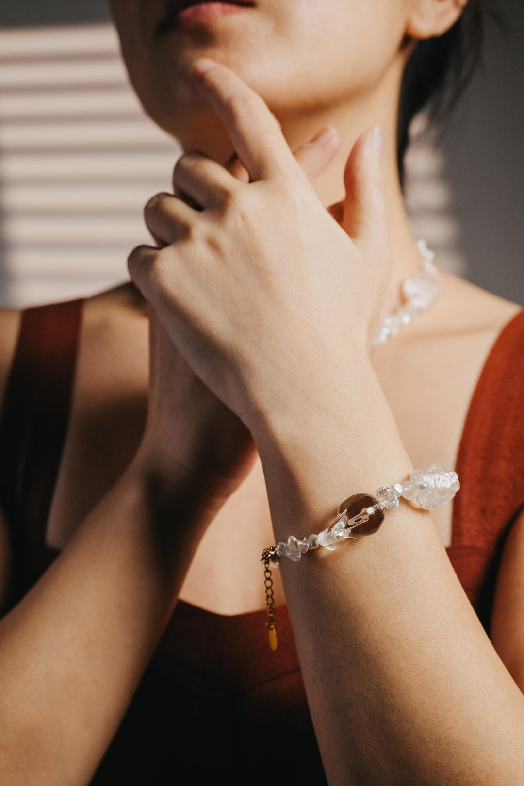 Beaded statement bracelet: clear crystals and baroque pearls - 6.5 - 8inch