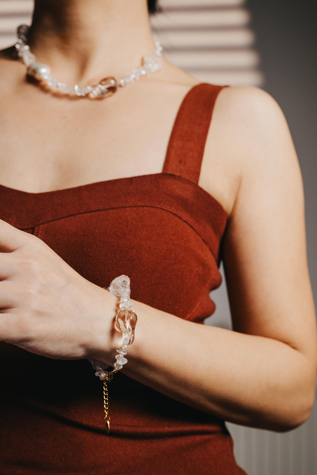 Beaded statement bracelet: clear crystals and baroque pearls - 6.5 - 8inch