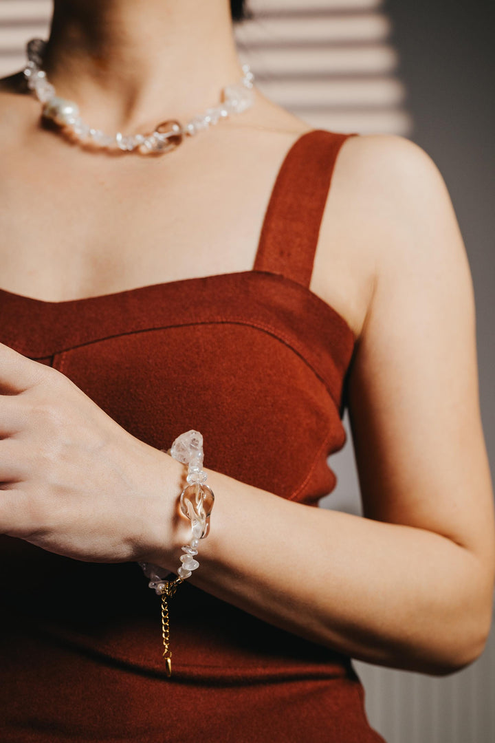 Beaded statement bracelet: clear crystals and baroque pearls - 6.5 - 8inch