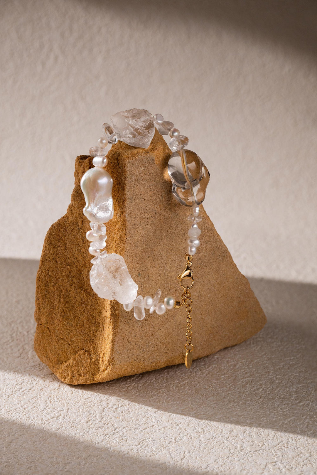 Beaded statement bracelet: clear crystals and baroque pearls - 6.5 - 8inch