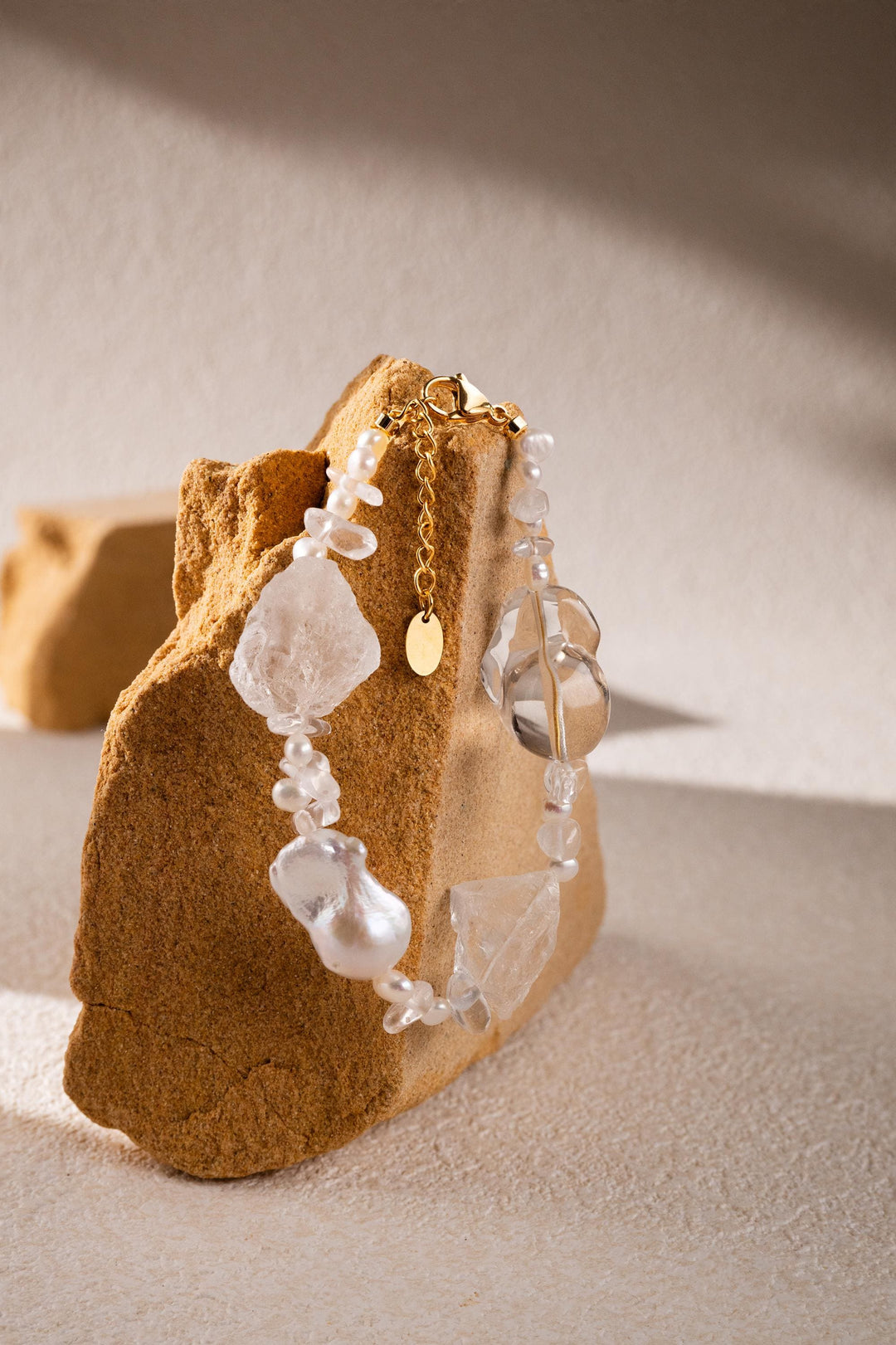 Beaded statement bracelet: clear crystals and baroque pearls - 6.5 - 8inch