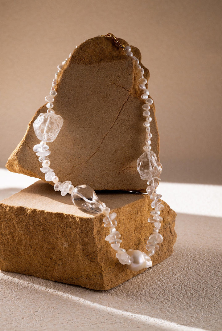 Beaded statement necklace: clear crystals and baroque pearls - 17.7 inch